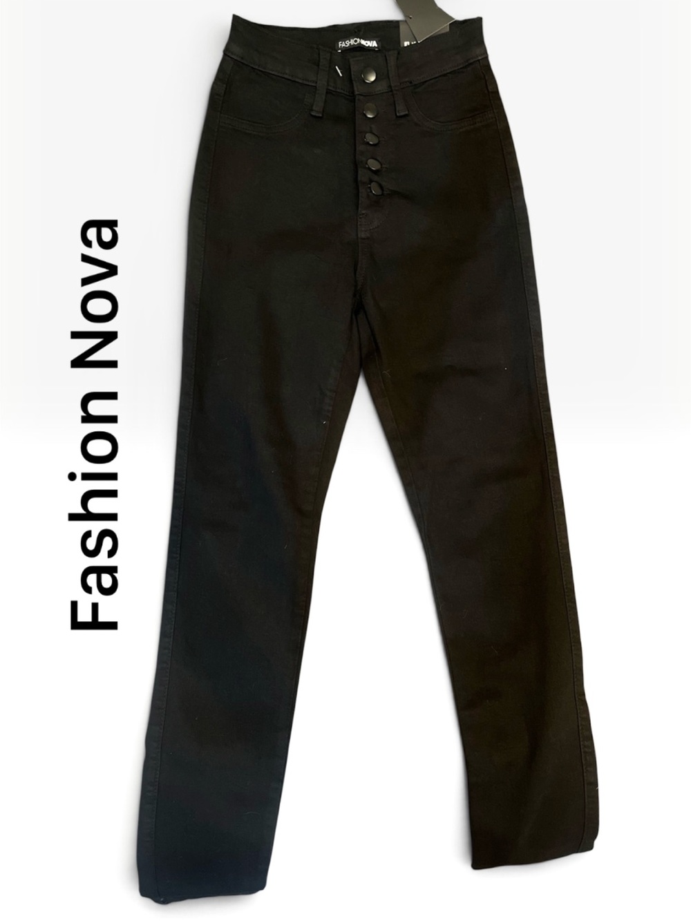 Fashion Nova Women’s Black Slim Straight Button-Fly Jeans